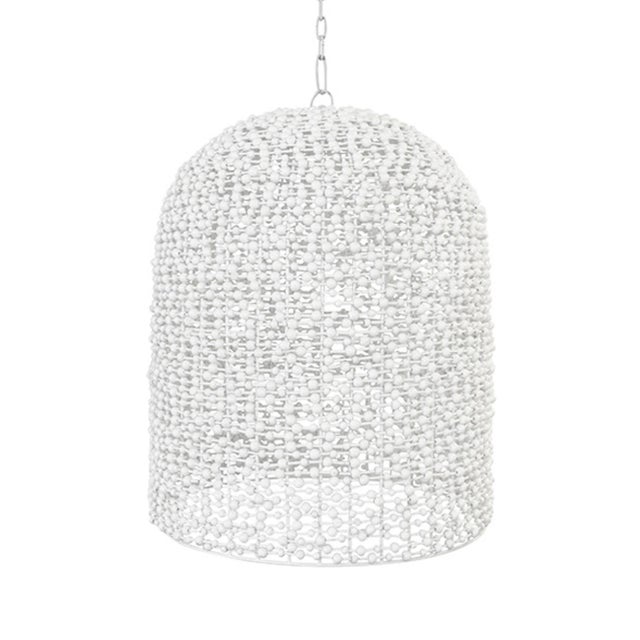 2020s Matthew Izzo Home Arleigh Elongated Dome, Bell Shaped White Wash Wood Bead Pendant Light For Sale - Image 5 of 5