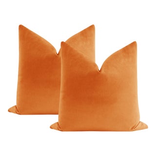 22" Designer Orange Contemporary Velvet Pillows - a Pair For Sale