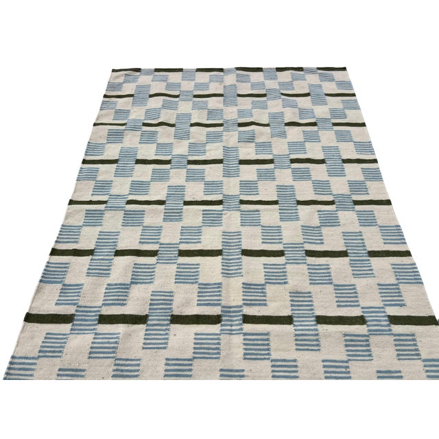 Mid-Century Modern Handmade Woolen Flat Weave Rug, Cream, Sky Blue and Sage Green Striped Wool Rug - 6'x9' For Sale - Image 3 of 10