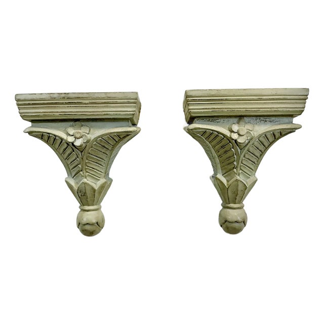 Vintage Coastal Traditional Hand Carved Wooden Painted Wall-Mounted Shelves - A Pair, Palm Fronds Accent For Sale