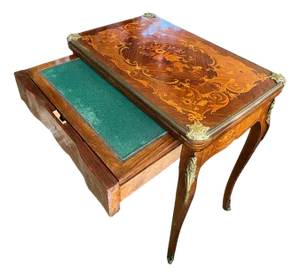 1900s Victorian Rosewood Game Table With Floral Inlay, Brass Details, Expandable, Original Condition