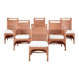 Set of Six McGuire Coral Wicker Rattan Dining Chairs For Sale