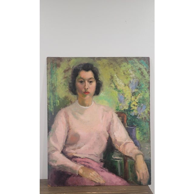 The MCM Modern Woman Pastel Portrait Painting is a large, unframed oil pastel painting featuring a modernist style....