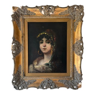 Antique Romani Girl Gilt Oil Painting For Sale