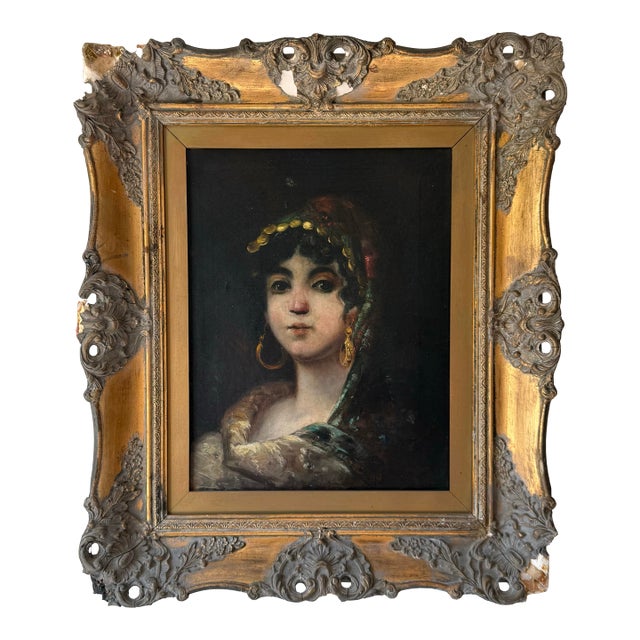 Antique Romani Girl Gilt Oil Painting For Sale