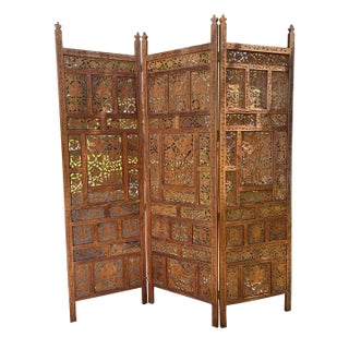 Vintage Carved Wood Fretwork 3 Panel Room Divider Screen For Sale