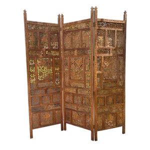 Vintage Carved Wood Fretwork 3 Panel Room Divider Screen