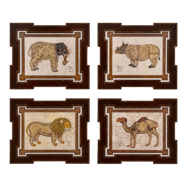 Artist-Signed Mid-Century Animal Paintings in Heavy Hand-Painted Tole Frames, Set of Four For Sale