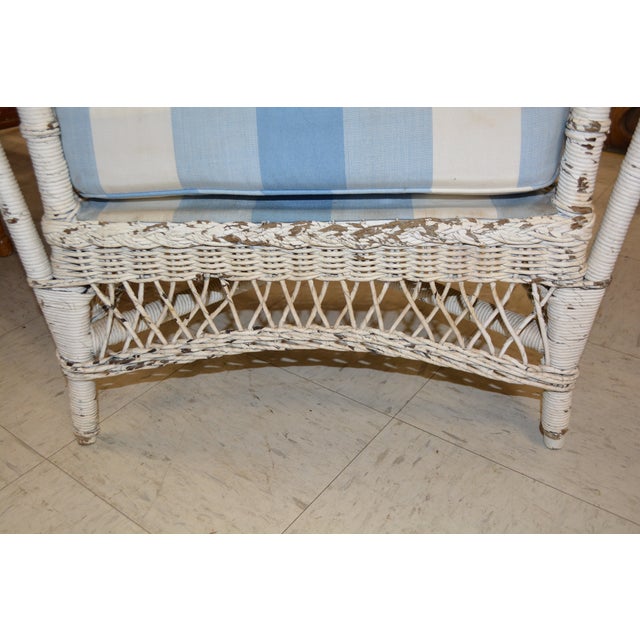 Vintage White Wicker Wing Back Arm Chair W/ Blue Cushions & Coil Sprung Seat For Sale - Image 6 of 18