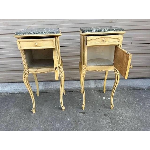 Pair Louis XV Style Enamel Painted Marble Top Side Tables Circa 1900 For Sale - Image 12 of 13