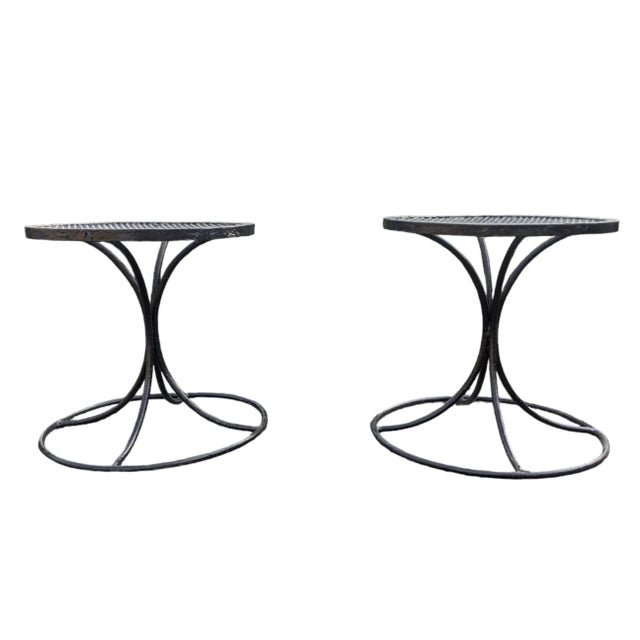 Mid-Century Modern 1960s Salterini Black Metal Mesh Top Tulip Base Outdoor Side Tables - A Pair For Sale - Image 3 of 11