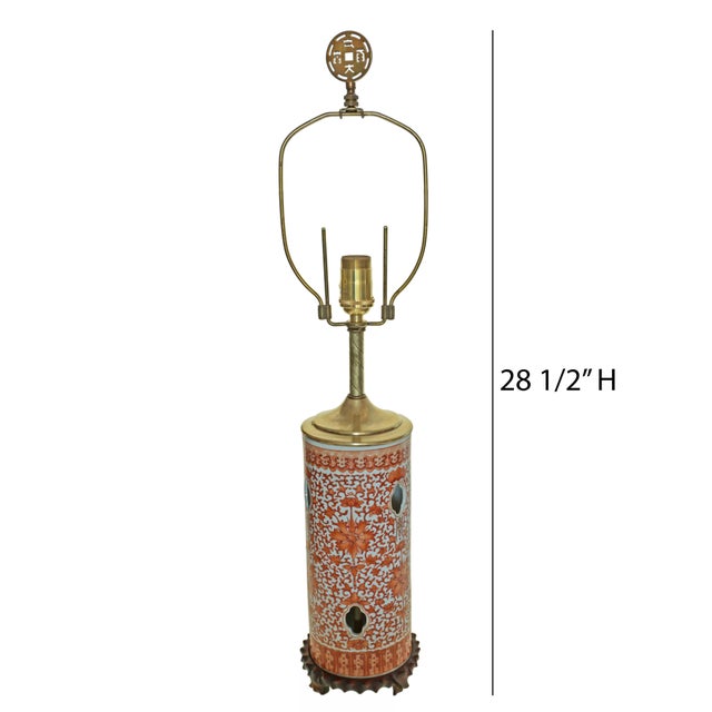 Chinese Hat Stand Table Lamp Bat Decor Iron Red Enamel Good Fortune Circa Republic Period For Sale - Image 4 of 9