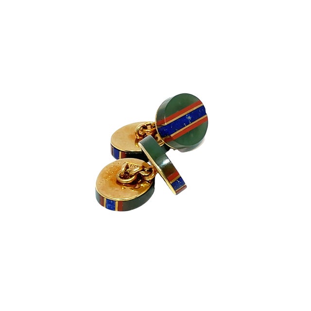 Vintage Tiffany & Co. X Ralph Lauren 18k Gold Striped Inlaid Stone Cufflinks, A Pair For Sale In New York - Image 6 of 10
