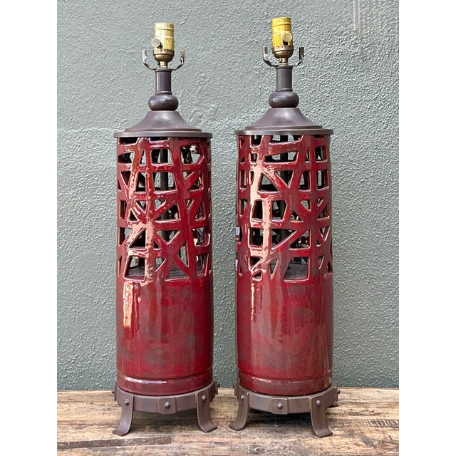 Late 20th Century Vintage Glazed Ceramic Table Lamps - A Pair For Sale - Image 5 of 12