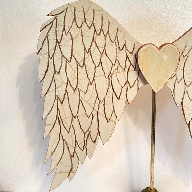 Carved Wood Angel Wings With a Heart on Lamp Base Stand Art Made by Folk Artist For Sale - Image 4 of 8