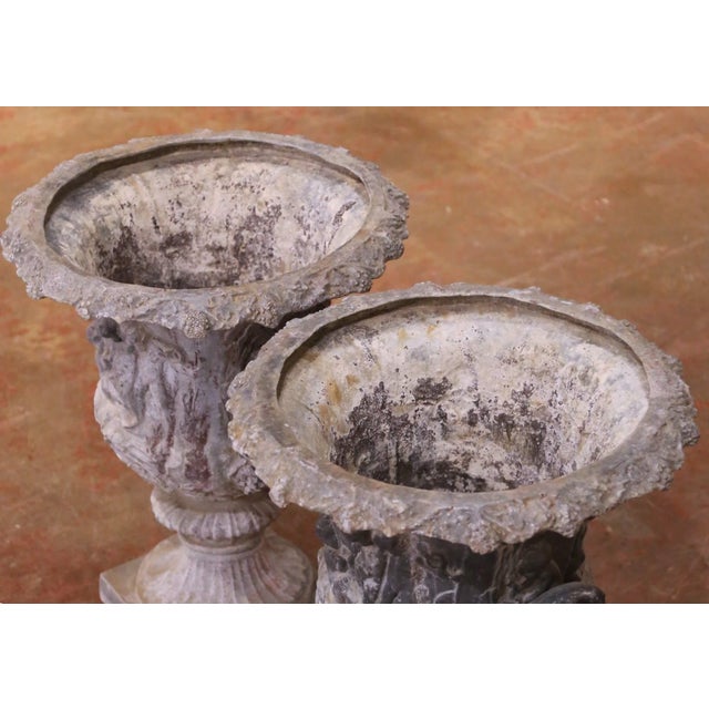 Pair of Mid-Century French Weathered Cast Lead Garden Urn Planters For Sale - Image 4 of 11