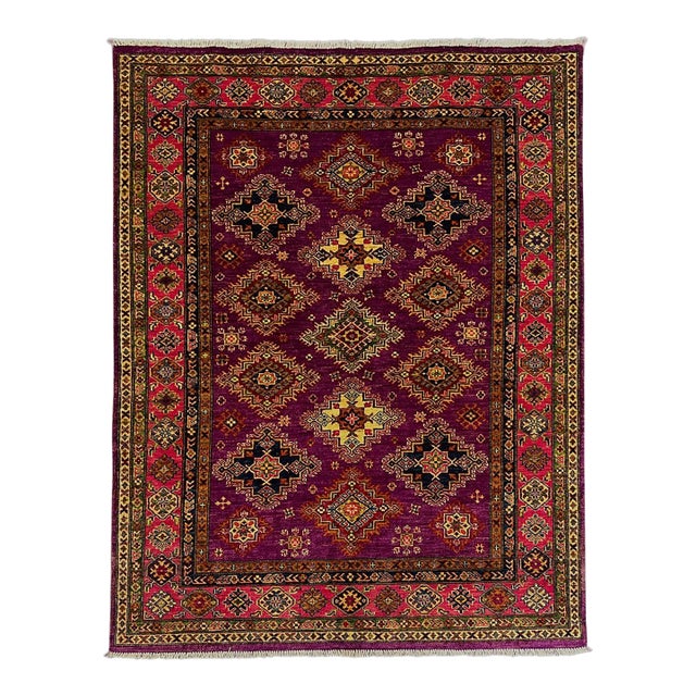 Purple and Pink Kazak Tribal Wool Rug - 5'1" X 6'7" For Sale