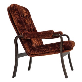 Danish Lounge Chair in Velour and Bent Oak, 1970s For Sale