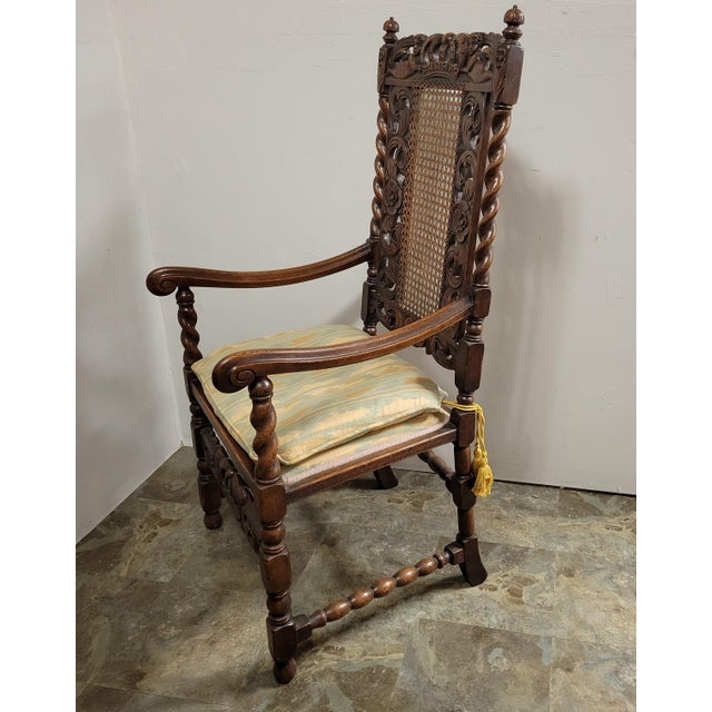 Antique Italian Renaissance Revival Carved Walnut Throne Hall Chair With Putti, Cane Back & Barley Twist Arms For Sale - Image 12 of 15
