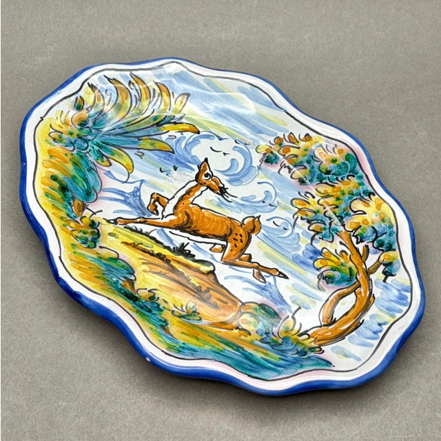 Vintage Mid Century Spanish Talavera Hand Painted Stag Ceramic Plate Signed S. Timoneda For Sale In New York - Image 6 of 10