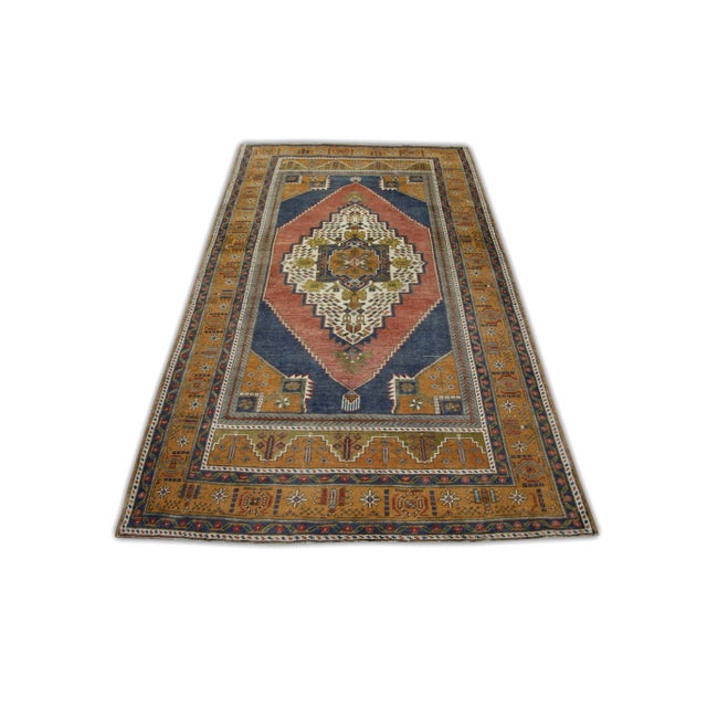 1960s Vintage Handmade Orange, Blue, Red Turkish Oushak Rug 4'3" X 7'6" For Sale In Houston - Image 6 of 7