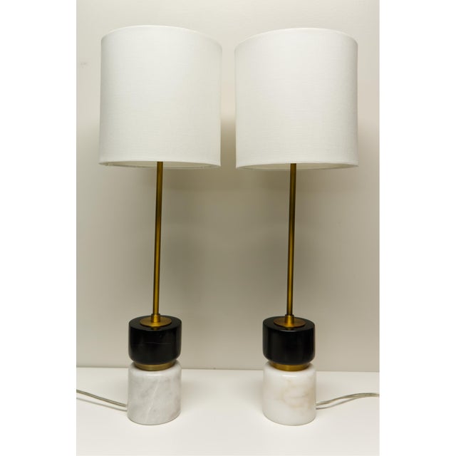 Contemporary Contemporary Black & White Stone Table Lamps With Brass Finish Fittings a Pair For Sale - Image 3 of 8