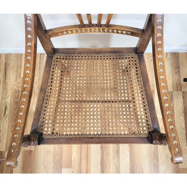 Antique English Anglo - Indian Carved & Inlaid Caned Seat Desk Armchair For Sale - Image 10 of 18