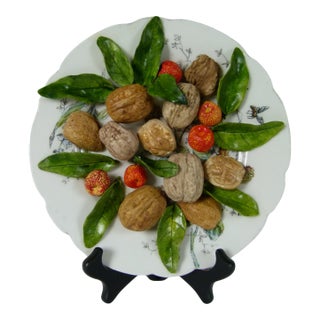Christine Viennet 8.5" French Trompe L’Oeil Porcelain Walnut Plate | Majolica For Sale