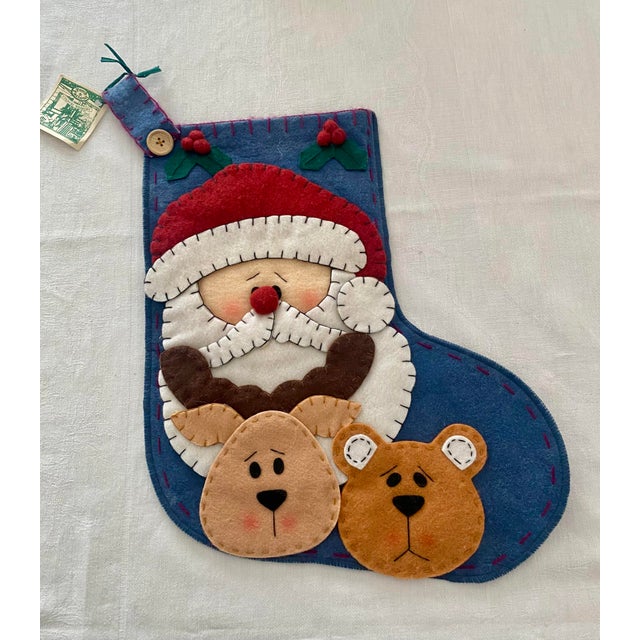 Vintage Crazy Mountain Imports "Porch & Parlour" Felt Christmas Stocking - Primitive Folk Art Santa, Reindeer & Bear Excellent Condition For Sale - Image 13 of 13