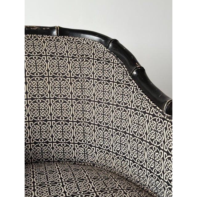 1980s Vintage Black Lacquered Faux Bamboo Barrel-Back Armchair For Sale - Image 5 of 18