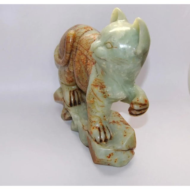 Japanese Antique Jade Green Alabaster Cat Sculpture Buddhist Temple For Sale - Image 3 of 12
