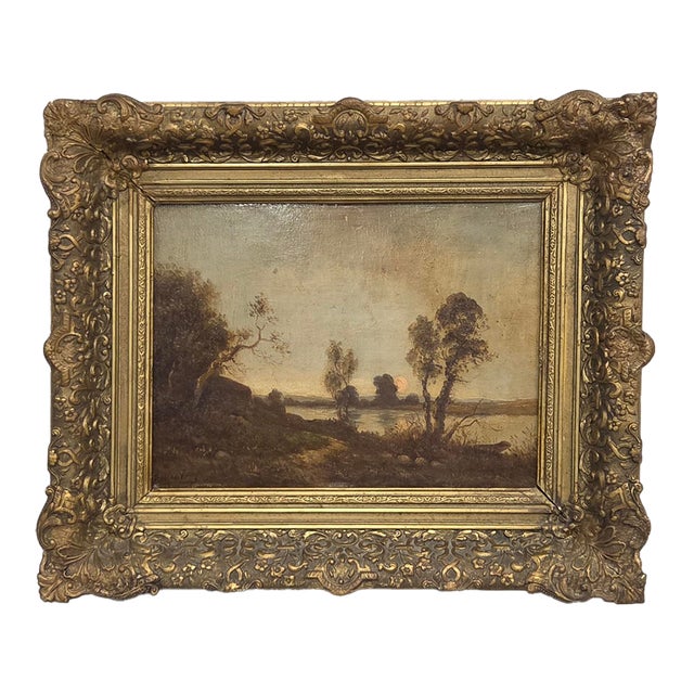 Antique Dutch 19th C. Sunrise Over Water Landscape, Original Frame, Signed J. Wouters (?) For Sale