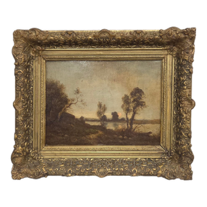 Antique Dutch 19th C. Sunrise Over Water Landscape, Original Frame, Signed J. Wouters (?)