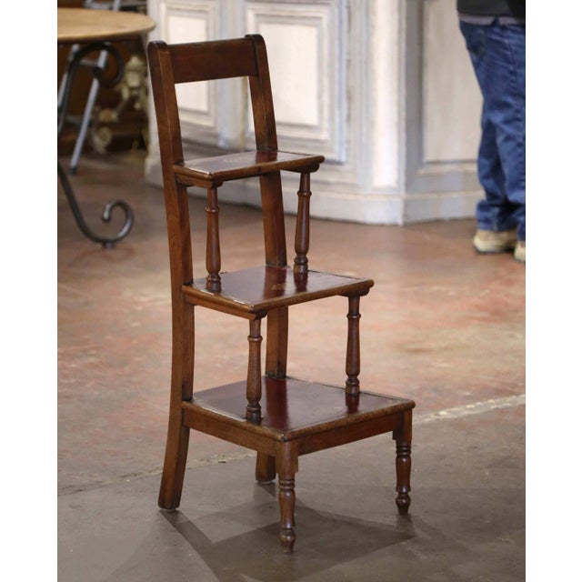 Wood 19th Century French Carved Walnut and Red Leather Three-Step Library Ladder For Sale - Image 7 of 9