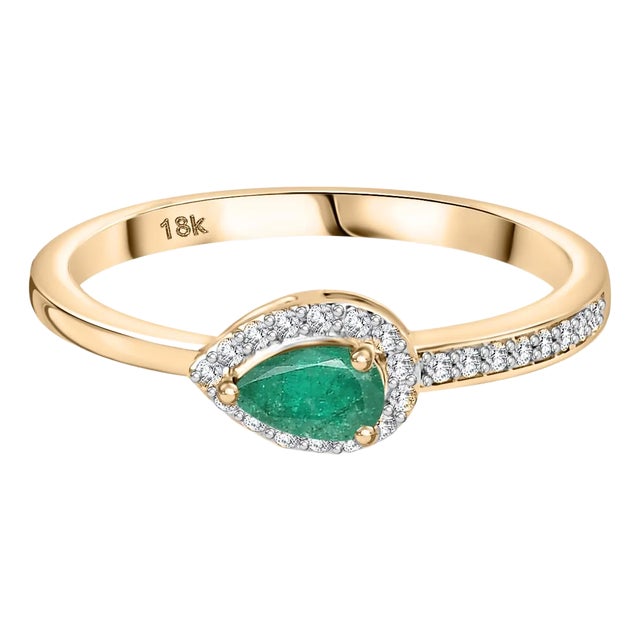 18k Gold East West Emerald Diamond Ring Size 6.5 For Sale