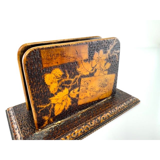 1920s Antique 1920's Pyrography Wood Letter Holder, Hand-Burned Desk Organizer For Sale - Image 5 of 11