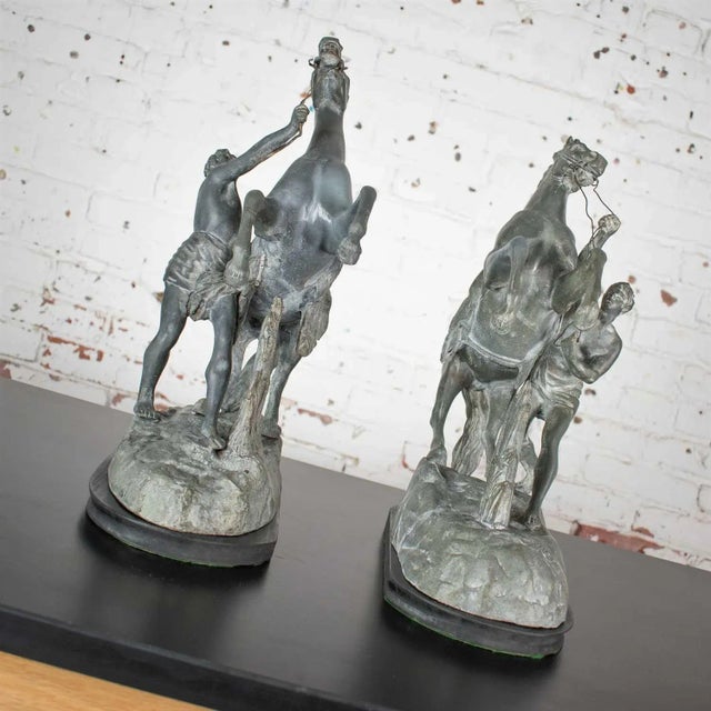 Antique Detailed Spelter Marly Rearing Horse & Groom Sculptures After Guillaume Coustou - a Pair For Sale - Image 4 of 13