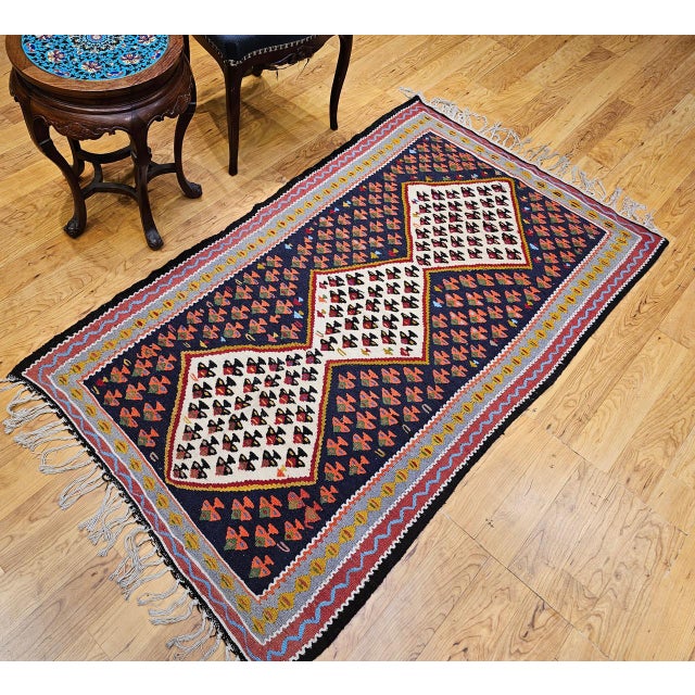 Mid 20th Century Vintage Persian Senneh Kilim, Flat-Woven Wool Rug, Paisley Pattern, Ivory & Black, 3x6 For Sale - Image 5 of 15