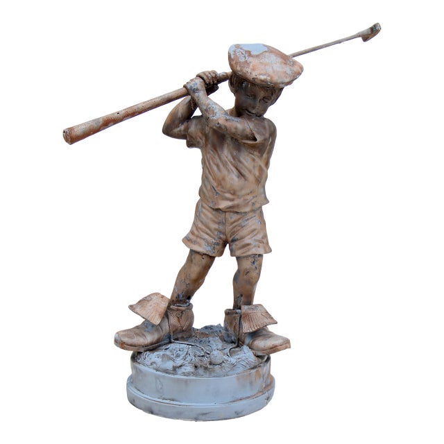 Vintage Life-Size Boy Golfer Garden Statue – Faux Bronze Resin Sculpture by Jim Davidson, Signed Mold Marking, Circa 1980s–1990s For Sale