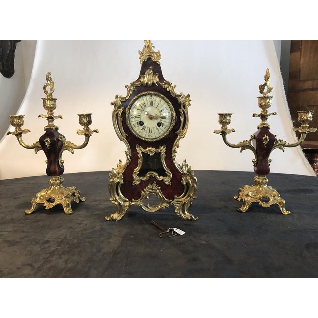 Small Pendulum Fireplace Clock in Brass and Bronze, France, 1880s, Set of 3 For Sale - Image 13 of 16