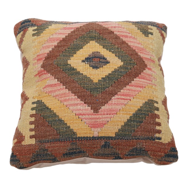 Arteverk Handwoven Afghan Kilim Pillow — Gold & Pink Diamond Medallion For Sale