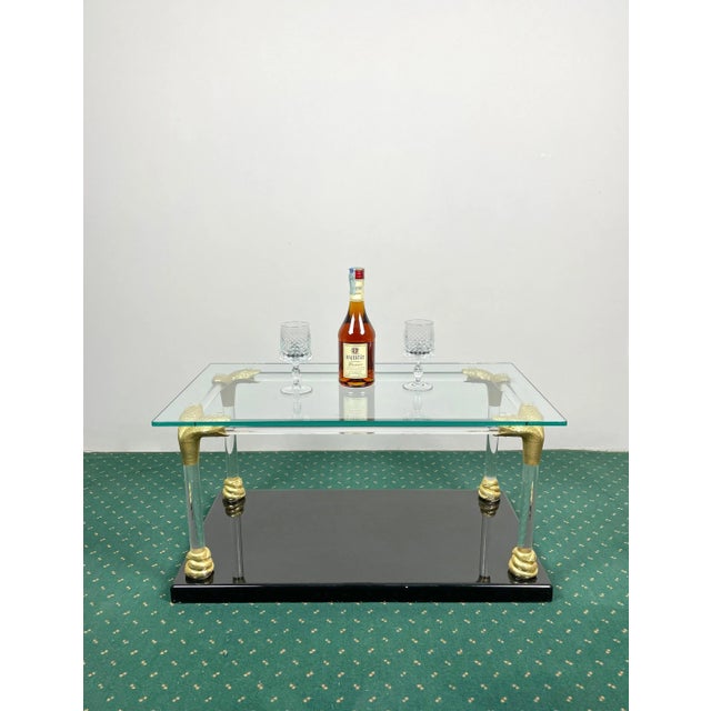 Acrylic, Wood & Brass Coffee Table, Italy, 1970s For Sale - Image 3 of 15