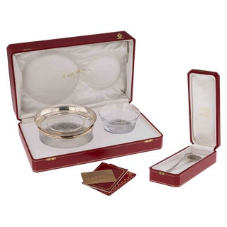 Silver & Glass Caviar Bowl & Serving Spoon Set from Cartier, 1990s, Set of 3 For Sale