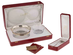 Silver & Glass Caviar Bowl & Serving Spoon Set from Cartier, 1990s, Set of 3