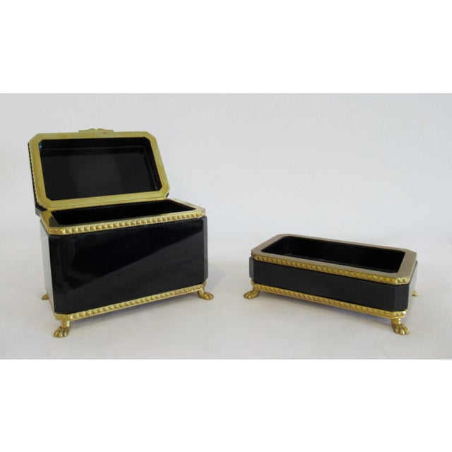Metal C.1930's Cenedese Murano Italian Hand-Blown Black Keepsake Lidded Box & Accent Dish With Bronze Gilded Mounts For Sale - Image 7 of 18