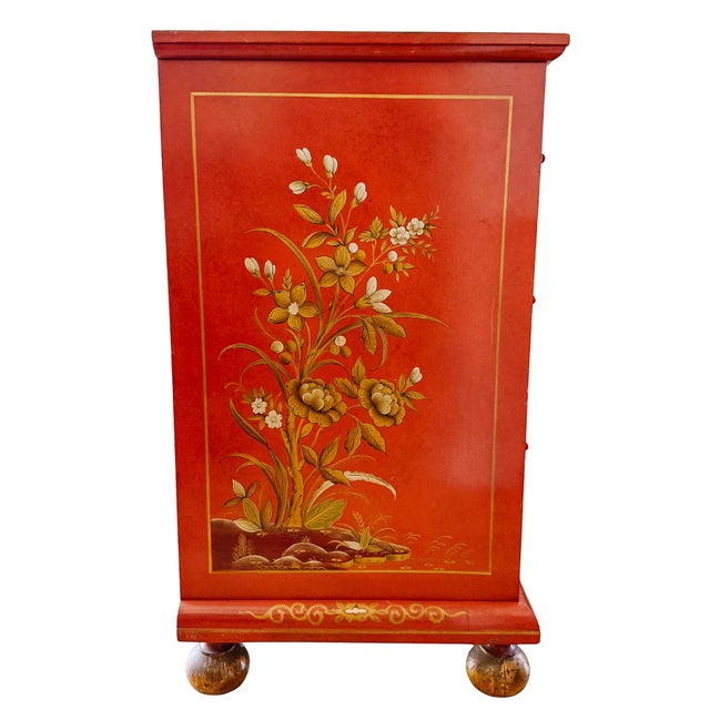 Wood 1960s Hollywood Regency Chinoiserie Red Lacquered Hand-Painted Chest of Drawers Attributed To Baker Furniture For Sale - Image 7 of 11