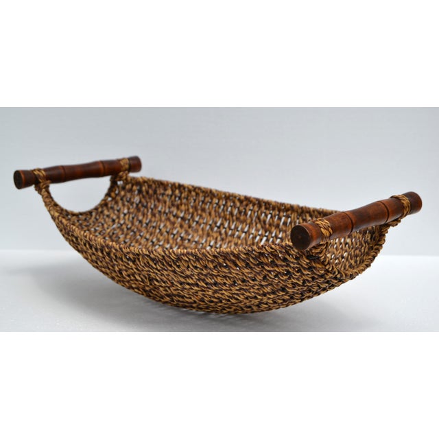 Macy's Organic Handwoven Decorative Basket Bamboo Handles Boho Chic For Sale - Image 4 of 16