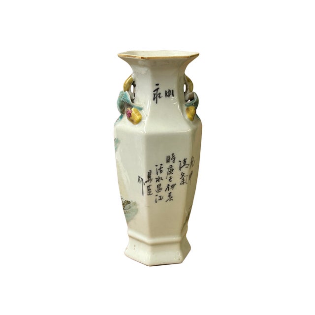 Chinese Chinese Scenery Graphic Hexagonal White Porcelain Art Vase 2 For Sale - Image 3 of 17