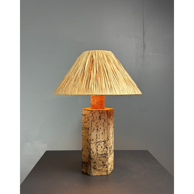 1970s Mid-Century Boho Cork Table Lamp with Raffia Shade in the style of Ingo Maurer, 1970s For Sale - Image 5 of 18
