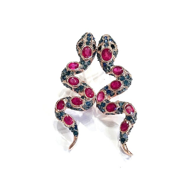 Bochic “Orient” Ruby & Multi Sapphire Serpent Earrings Set In 18K Gold & Silver For Sale In New York - Image 6 of 9